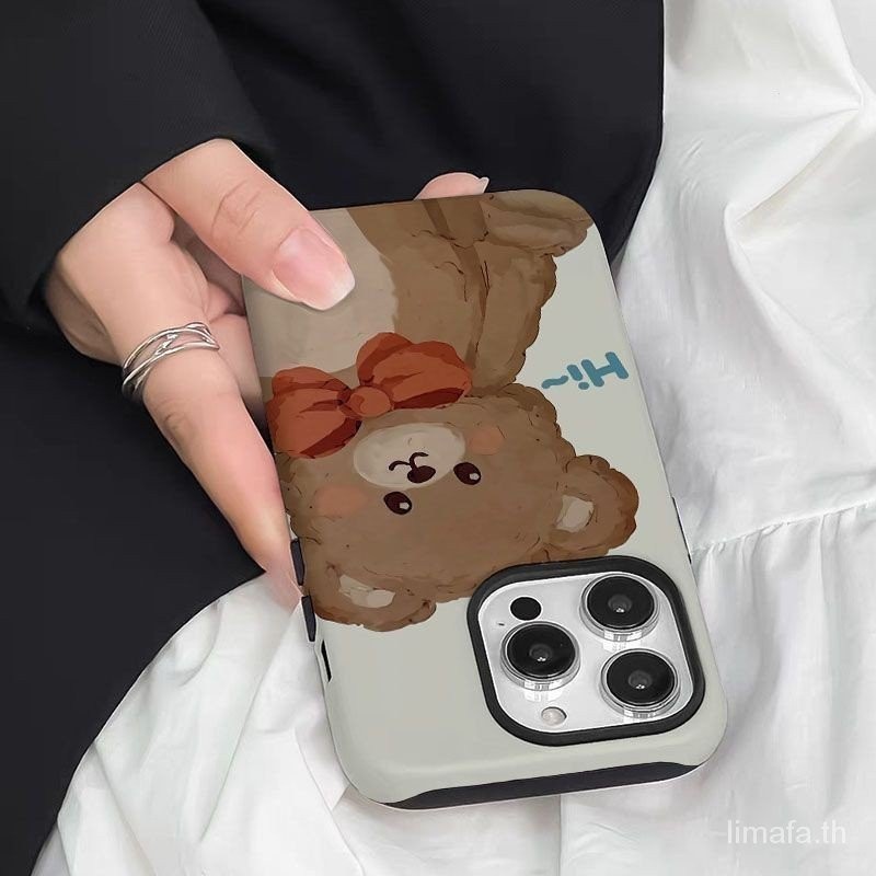 เคสโทรศัพท์มือถือ กันกระแทก สองชั้น ลายหมีน่ารัก ประดับโบว์ สองชั้น สําหรับ Iphone 13 14 11 15 12pro