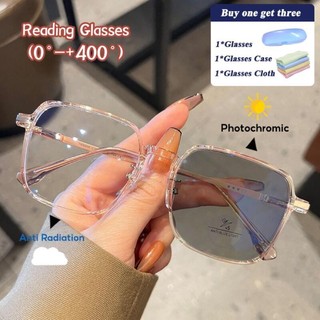 0~+400 Farsight Photochromic Anti Radiation Grade Eyeglasses Comptuer Square Frame Reading Glasses for Women