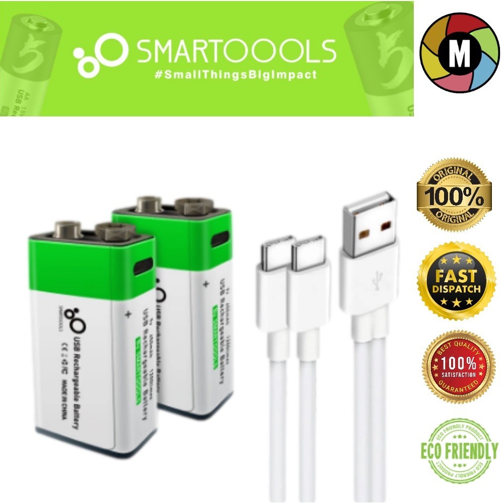 Smartoools แบตเตอรี่ลิเธียมไอออน 650mAh 1200 เท่า 9V 9 โวลต์ ชาร์จ USB 9VST