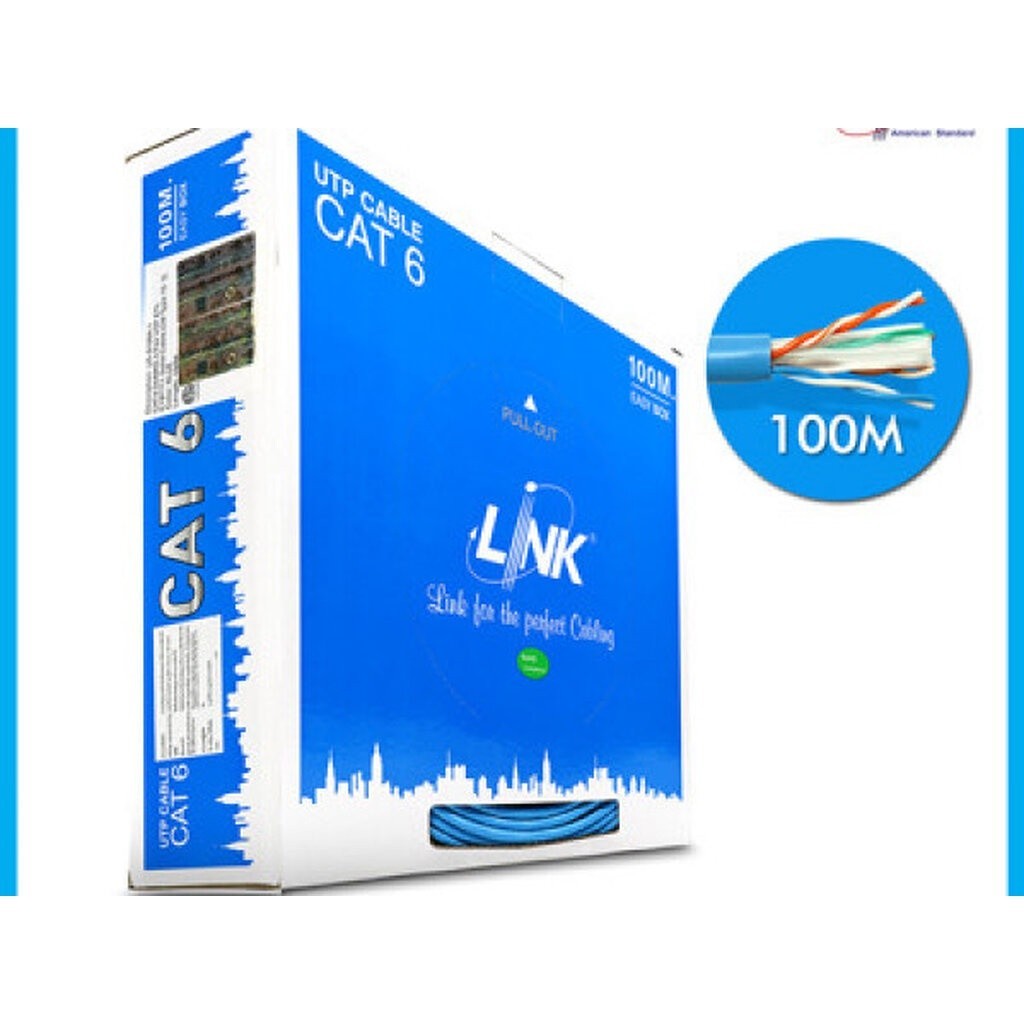 LINK สายแลน CAT6 LINK รุ่น US-9106A ยาว 100 เมตร สีฟ้า Link US-9106A-1 CAT6 UTP (250 MHz) w/Cross Fi