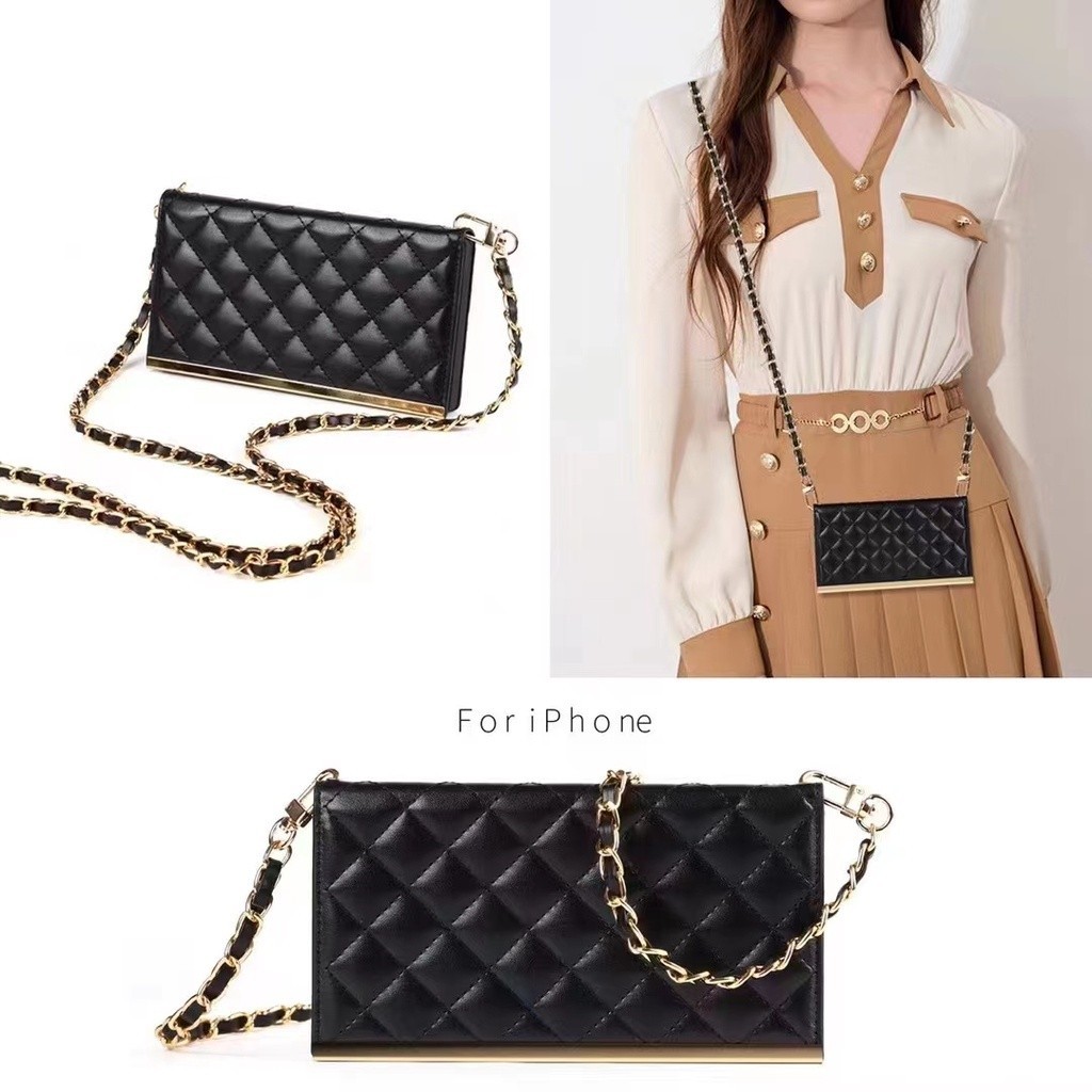 Chanel Style Diamond Crossbody Wallet Leather Case iPhone 15 13 14 11 12 Pro MAX X XR Phone Case 7 8 plus
