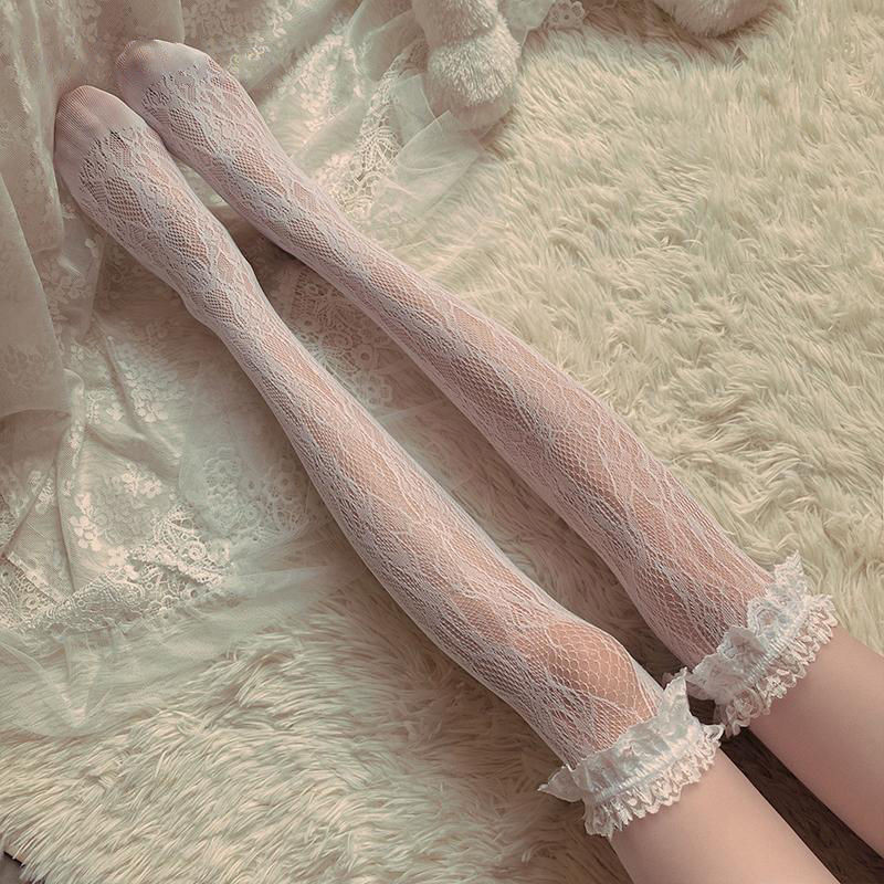 ถุงน่อง ความยาวเหนือเข่า ผ้าเรยอน แบบบาง ดีไซน์ขอบลูกไม้ สีดํา สีขาว แฟชั่นฤดูร้อน สําหรับนักเรียนหญิง JK