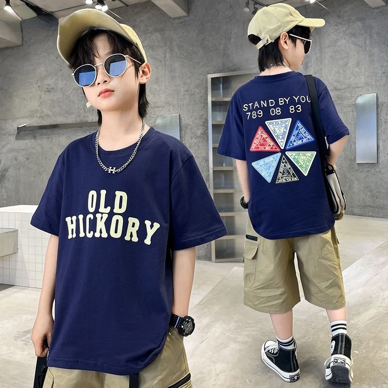 [ผ้าฝ้าย 100%] (15-50กก.) Boy Round Neck Loose Kid Tshirt พิมพ์เสื้อยืดแขนสั้นสไตล์เกาหลีท็อปส์วัยรุ่นสวมใส่