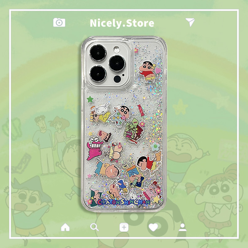 การ์ตูนเครยอนชินจังglitter Quicksandเคสโทรศัพท์เข้ากันได้สําหรับiPhone 16 15 14 Plus 13 12 11 Pro Max Xs Xr Xกันกระแทกปกหลังปลอกอะคริลิ