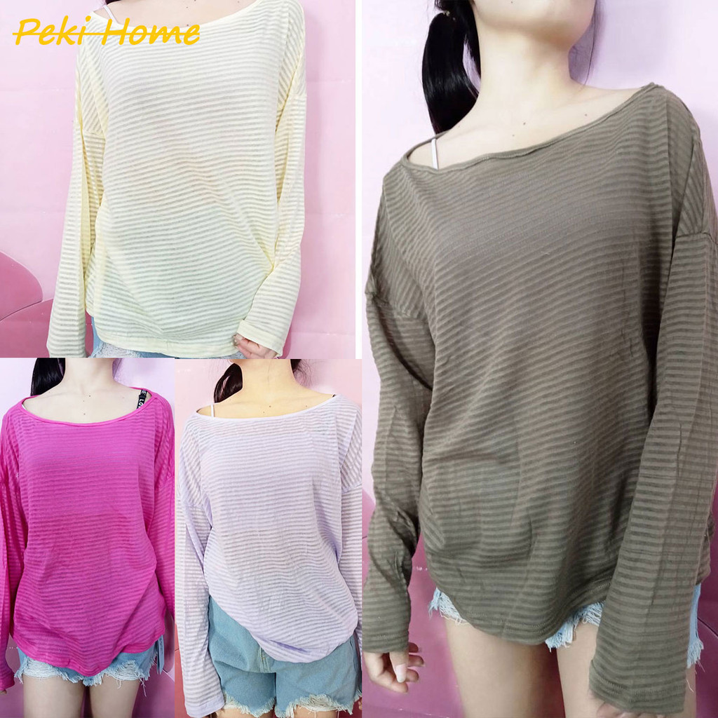 ใหม่ เสื้อยืดเเขนยาว ลายทางและลายเขียว เนื้อผ้าดีผ้ายืด