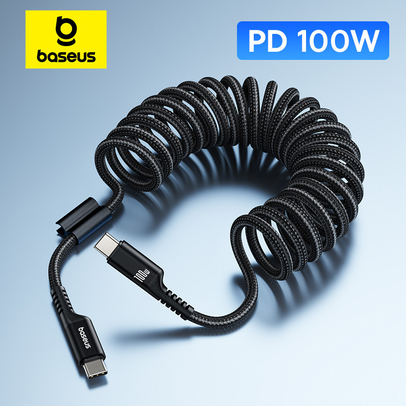 Baseus 100W type C เป็น type C สายเคเบิลสปริง สายชาร์จโทรศัพท์มือถือ 480Mbps สปริงส่งสัญญาณ พับเก็บได้ สําหรับ iP 15