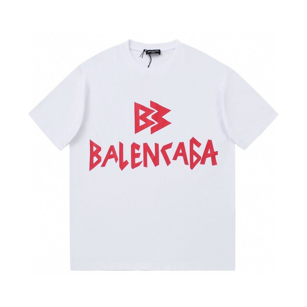 Balenciaga เสื้อยืด ผ้าฝ้ายแท้ พิมพ์ลายโลโก้ Paris สีแดง แฟชั่นฤดูร้อน สไตล์ยุโรป สําหรับผู้ชาย และผู้หญิง