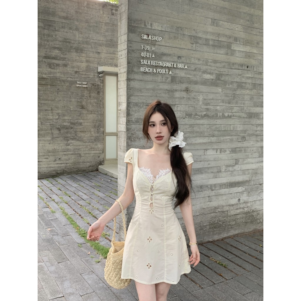 Liasynn ชุดเดรสกระโปรงสั้น สีขาว สไตล์ฝรั่งเศส แฟชั่นฤดูใบไม้ผลิ สําหรับสตรี