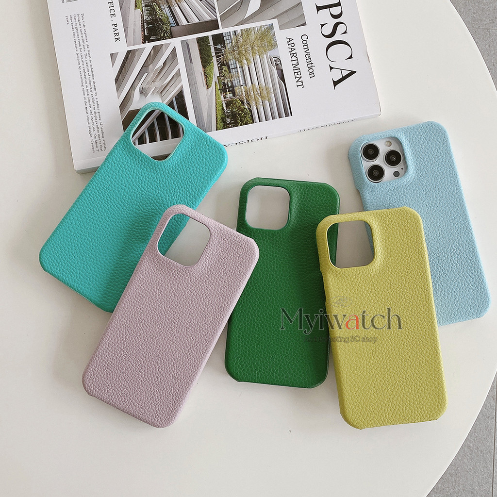 สีทึบลิ้นจี่ซองหนังสําหรับ iPhone 16 15 14 13 12 11 Pro Max 14 15 Plus X XS XR XSMAX รูขนาดใหญ่การออกแบบรูกระจกฝาครอบป้องกันการตก