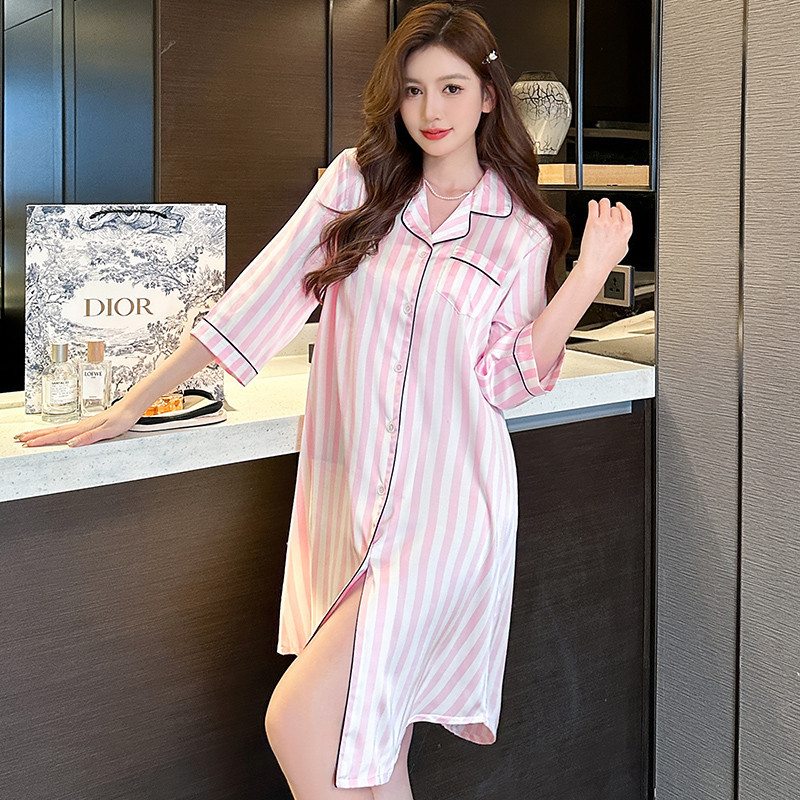 ชุดนอนผ้าไหมซาติน แขนสั้น ลายทาง แบบบาง พลัสไซซ์ แฟชั่นฤดูร้อน สําหรับผู้หญิง ไซซ์ M-4XL - รูปที่ 2