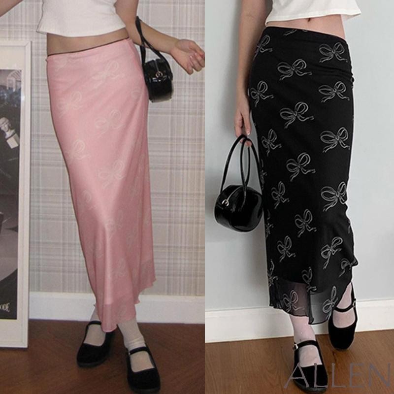 Allen-womens ตาข่ายกระโปรงยาวสบายๆต่ําเอวโบว์พิมพ์ Bodycon กระโปรง Grunge Midi กระโปรง