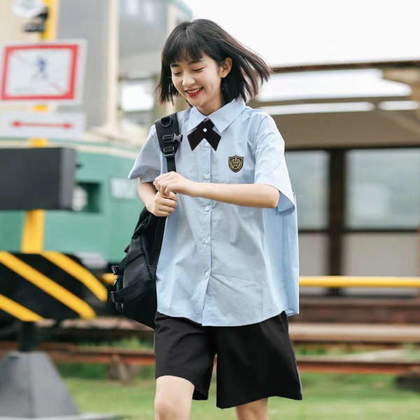 เสื้อนักเรียนตราสมอ เสื้อนักเรียน เสื้อเชิ้ตสีน้ําเงิน Schoolgirl JK Uniform Summer Short Sleeve Shirt Thai School Uniform Suit Shorts DK Preppy Suit