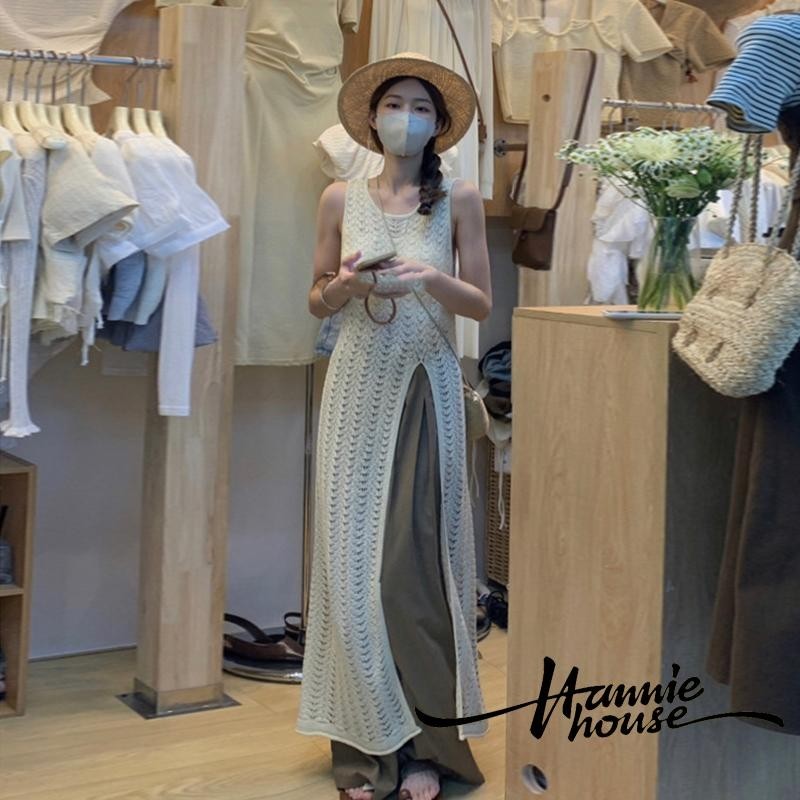 Hannie- ชุดเดรสถักโครเชต์ คอกลม ผ่าข้าง สําหรับผู้หญิง