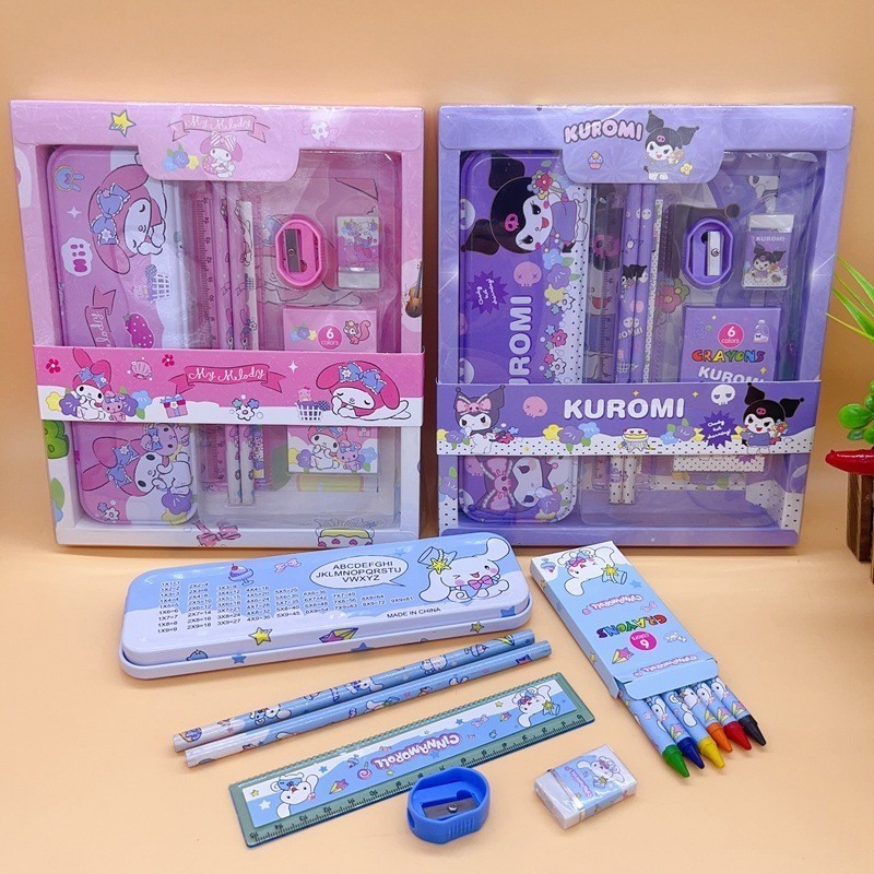 ชุดเครื่องเขียน ไม้บรรทัดดินสอ ลายการ์ตูน Cinnamoroll Melody Kuromi น่ารัก พร้อมกล่องดินสอ สําหรับนักเรียนประถม 12 ชิ้น