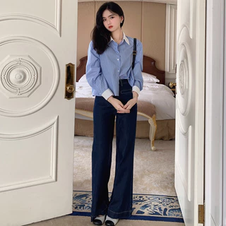 Bh เสื้อเชิ้ตแขนยาว คอปกโปโล ลายทาง สไตล์เกาหลี สําหรับผู้หญิง