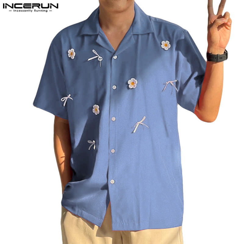 Incerun เสื้อเชิ้ตลําลอง แขนสั้น ลายปะติดปะต่อกัน แฟชั่นเกาหลี สําหรับผู้ชาย