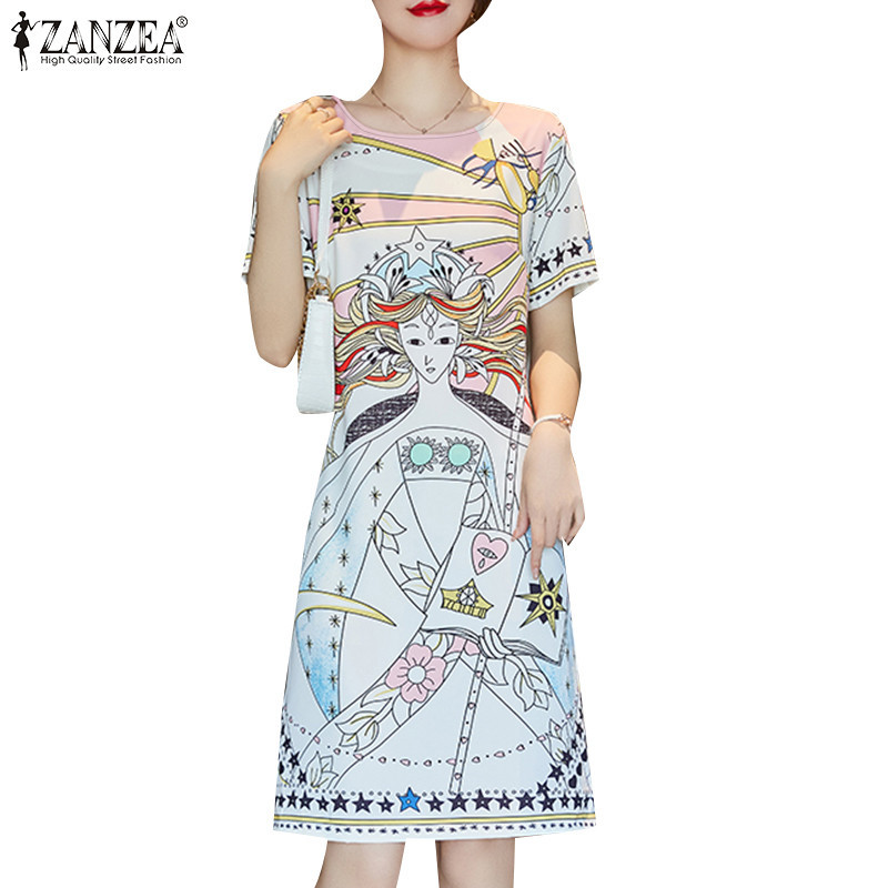 Zanzea ชุดเดรส คอกลม แขนสั้น พิมพ์ลาย สไตล์เกาหลี สําหรับผู้หญิง
