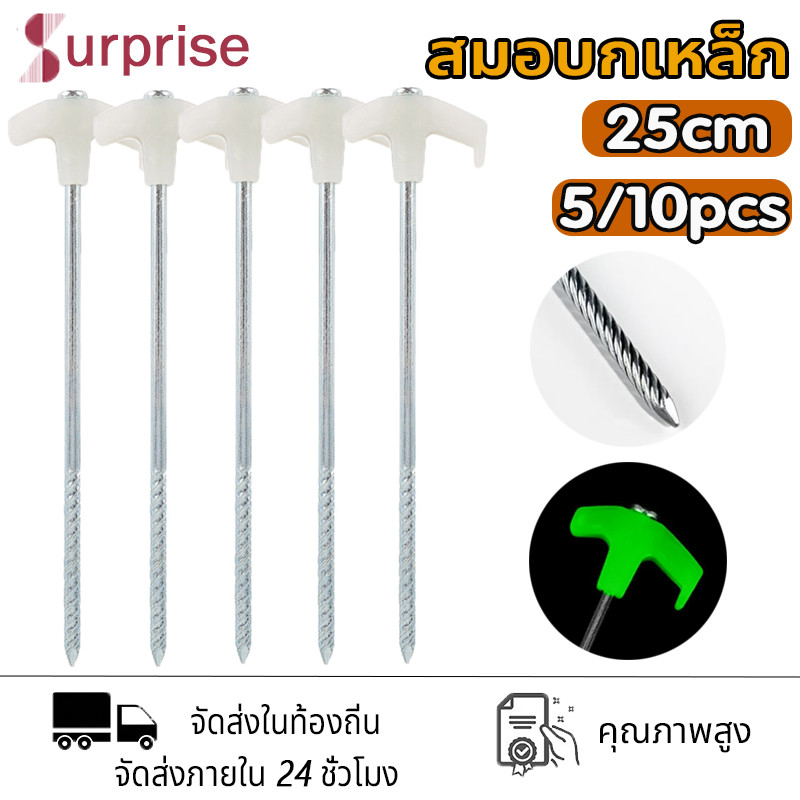 สมอบก 25cm 5/10pcs สมอบกเหล็ก*1 ชิ้น หมุดยึดเต็นท์ที่จับกสะท้อนแสง สมอบกเหล็ก วัสดุเหล็กเคลือบกันสนิม