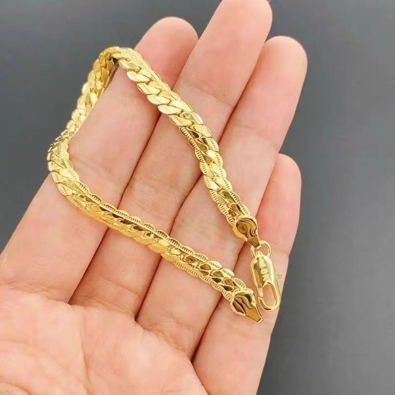24k Gold Mens Fashion Hip-hop 4MM Wide Stainless Steel Cuban Bracelet Jewelry Accessories