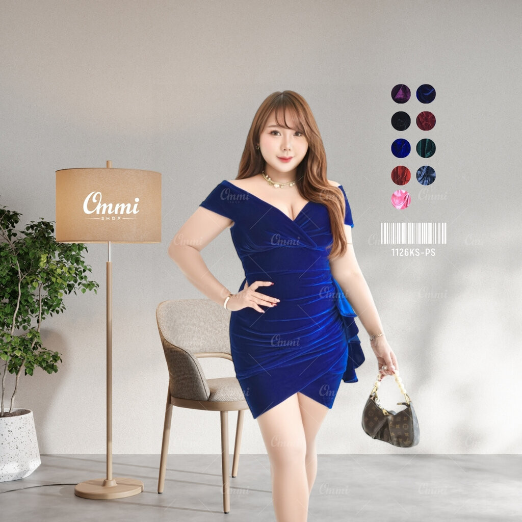 Ommishop ชุดราตรีสั้น 1126KS-PS กระโปรงกลีบบัว กำมะหยี่ เดรสออกงาน ชุดงานแต่ง เพื่อนเจ้าสาวเดรสสาวอวบ Plus Size