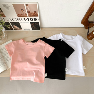 ทารกแขนสั้นเสื้อยืดฤดูร้อนบางสไตล์เด็กชายและเด็กหญิงสีทึบด้า…