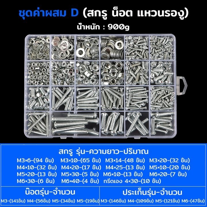 ชุดสกรูอเนกประสงค์ สกรูยึด น็อตตัวผู้ น็อตตัวเมีย แหวนรอง M3 M4 M5 M6 พร้อมกล่องพลาสติกแบ่งช่อง พร้อมส่ง