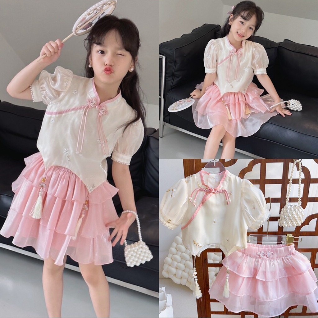 PRETTY BABY พร้อมส่ง ชุดเซ็ทเด็กผู้หญิง เสื้อ+กระโปรง ชุดตรุษจีน ชุดกี่เพ้า (1081)