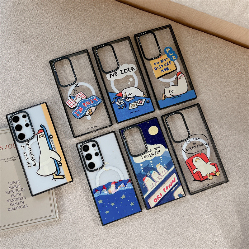 เคสโทรศัพท์อะคริลิค PC แข็ง แบบใส กันกระแทก ลายเป็ดขี้เกียจน่ารัก พร้อมกล่อง สําหรับ Samsung Galaxy S24 S23 S22 Ultra