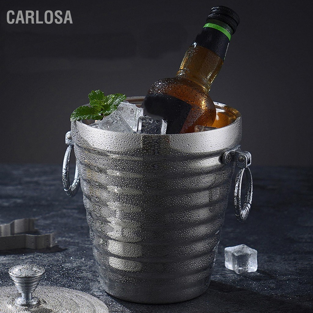 CARLOSA ถังน้ำแข็งถังไวน์สแตนเลสผนังคู่พร้อมฝาปิดแหนบกรองภาชนะน้ำแข็งความจุขนาดใหญ่สำหรับปาร์ตี้บาร์