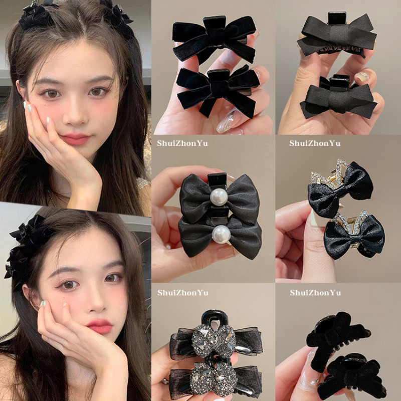 ใหม่ แฟชั่นเกาหลี ฤดูใบไม้ร่วง ฤดูหนาว คู่ กิ๊บติดผม สําหรับผู้หญิง น่ารัก กํามะหยี่ สีดํา โบว์ กิ๊บติดผม เครื่องประดับผม
