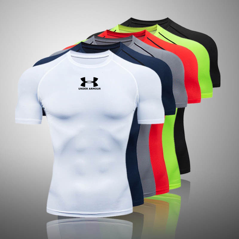 เสื้อกีฬาบาสเก็ตบอลแขนสั้น แบบรัดรูป แบบแห้งเร็ว สําหรับผู้ชาย