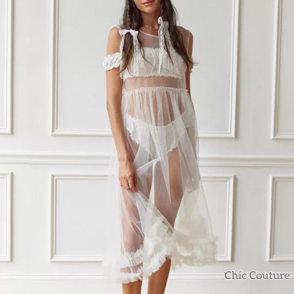 ผู้หญิง́ Sheer ตาข่าย Midi ชุดสีทึบลูกเรือคอ Ruffles ชุดว่ายน้ําชายหาดแขนกุดดูผ่าน Cover-Ups