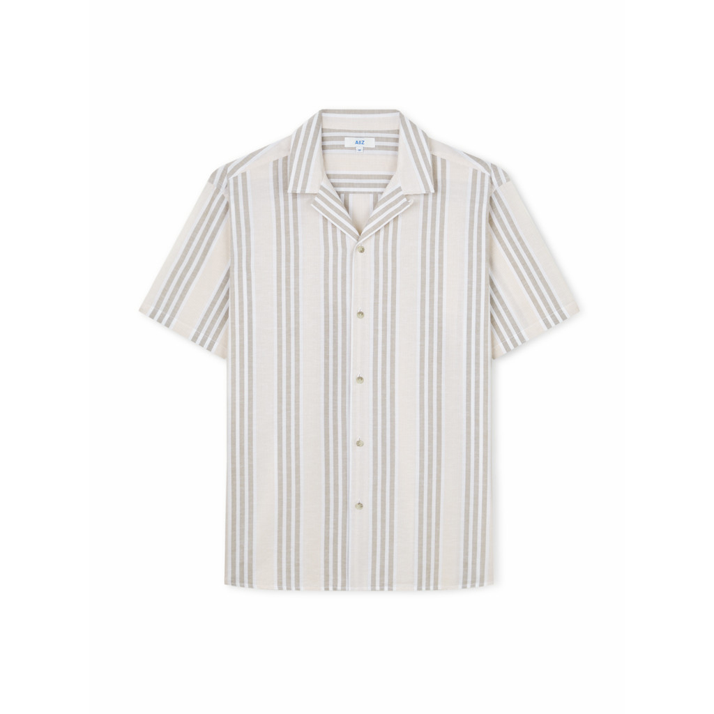 AIIZ (เอ ทู แซด) - เสื้อเชิ้ตผู้ชายแขนสั้นปกฮาวายผ้าคอตตอนลินินลายริ้ว Men's Striped Camp Collar Short Sleeve Shirtsn