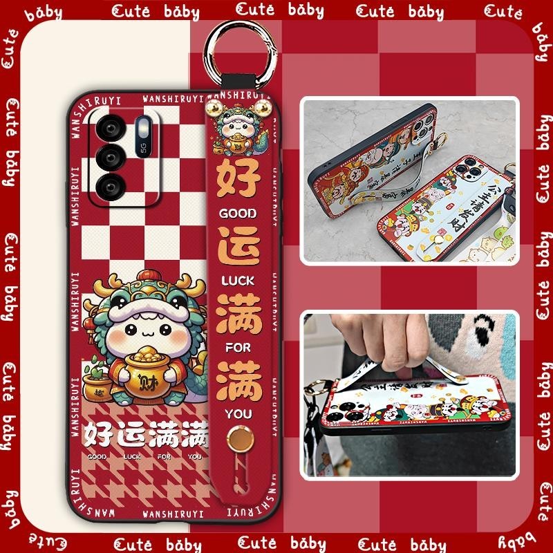 Dirt-resistant Fashion Design Phone Case For OPPO Reno6Z 5G Cute Durable Anti-knock Wristband Back Cover Wrist Strap Cartoon