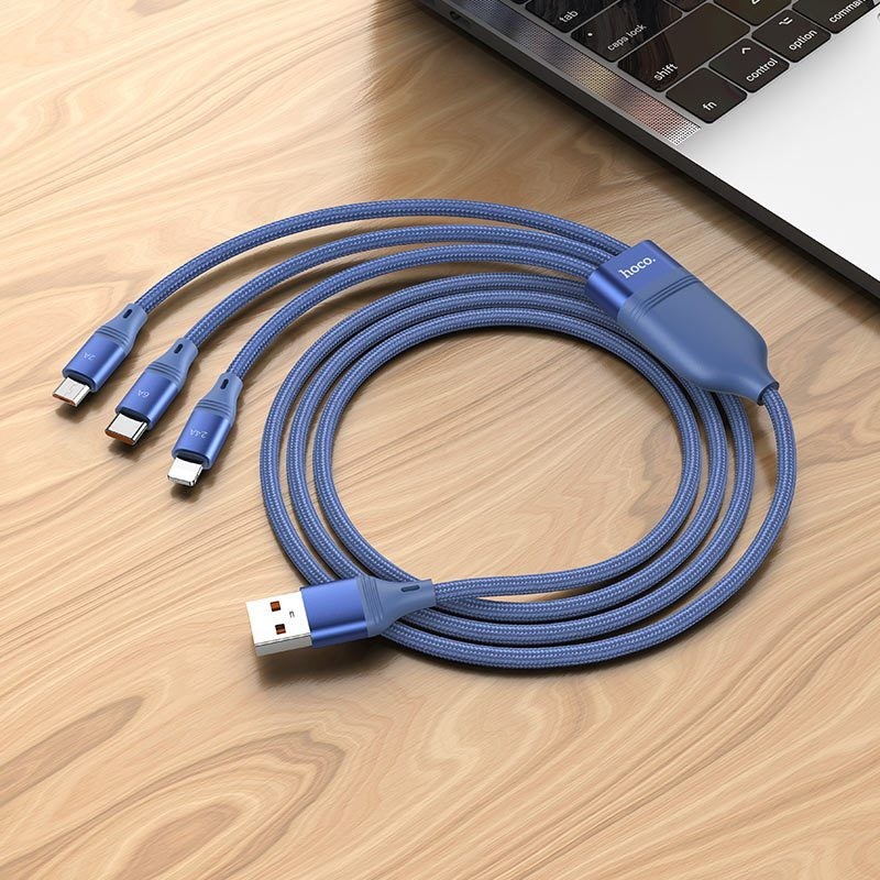 HOCO U104 สายชาร์จเร็ว 3 หัว จ่ายไฟแรงสุด 66W / 6A สำหรับ i15, Huawei, Samsung, OPPO ถ่ายโอนข้อมูลได้ สายชาร์จ hc1