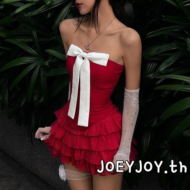 Joeyjoy-ชุด 2 ชิ้นสำหรับผู้หญิง เสื้อเกาะอกทรงไม่เท่ากันผูกโบว์และกระโปรงสั้นซ้อนชั้น