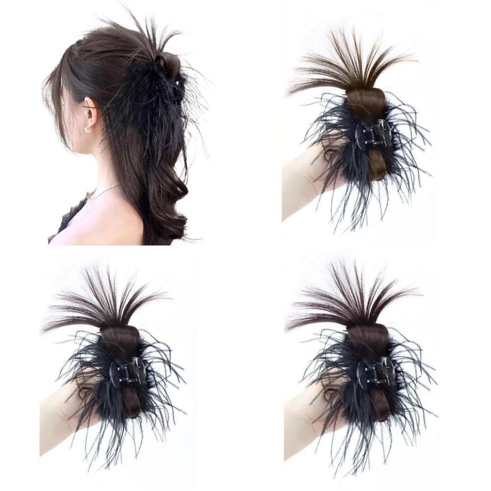 Oceanmapdz Messy Chignon, กิ๊บติดผมขนนก, กิ๊บติดผมเด็กผู้หญิง, ปลอม พร้อมคลิปก้ามปู ธรรมชาติ สไตล์เกาหลี สังเคราะห์ ผมซาลาเปา ผู้หญิง