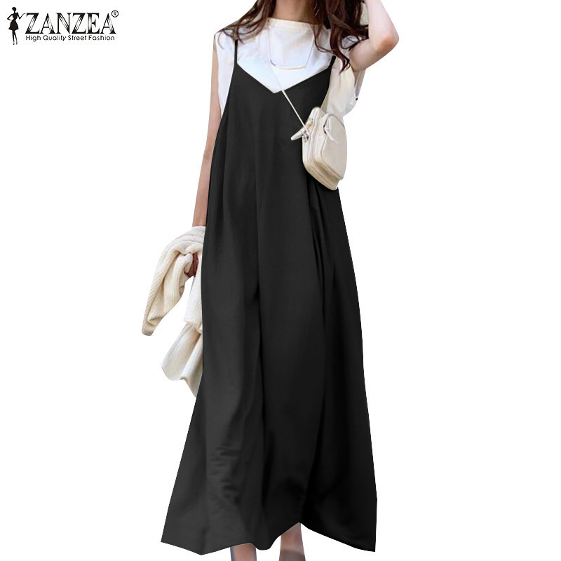 Zanzea ชุดเดรสลําลอง คอวี แขนกุด ทรงหลวม สีพื้น สไตล์เกาหลี สําหรับผู้หญิง