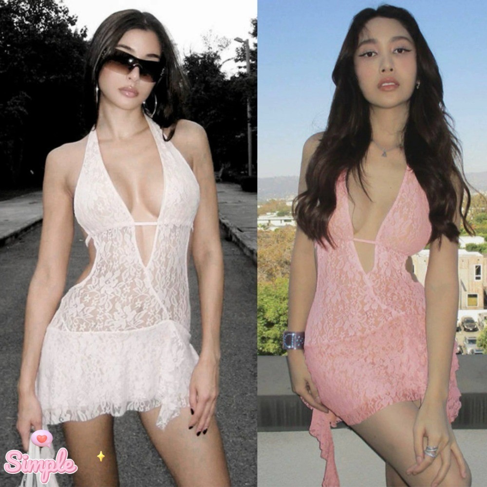 SimpleStore จัดส่งจากประเทศไทย ฤดูร้อนแฟชั่นชายหาดบิกินี่ ชุดเดรสลูกไม้เซ็กซี่ลึก V เปิดหลัง 206
