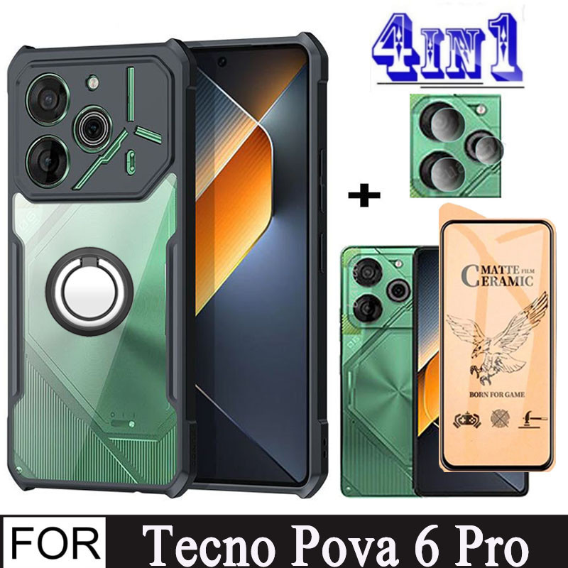 4in1 Tecno Pova 6 Pro 5G เคสโทรศัพท์ กันกระแทก สําหรับ Tecno Pova 6 Neo 3 2 4 Pro Spark 10C 10 Pro เซรามิค กระจกนิรภัย ป้องกันหน้าจอ และที่วางโทรศัพท์มือถือ