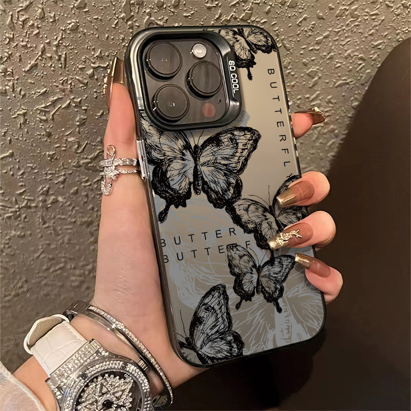 เคสโทรศัพท์มือถือ ซิลิโคนแข็ง กันกระแทก กันรอยกล้อง ลายผีเสื้อ สีดํา สําหรับ Iphone 14 11 15 13 12 Plus Pro Max XS XR XSMAX X 7 8 SE(2020)