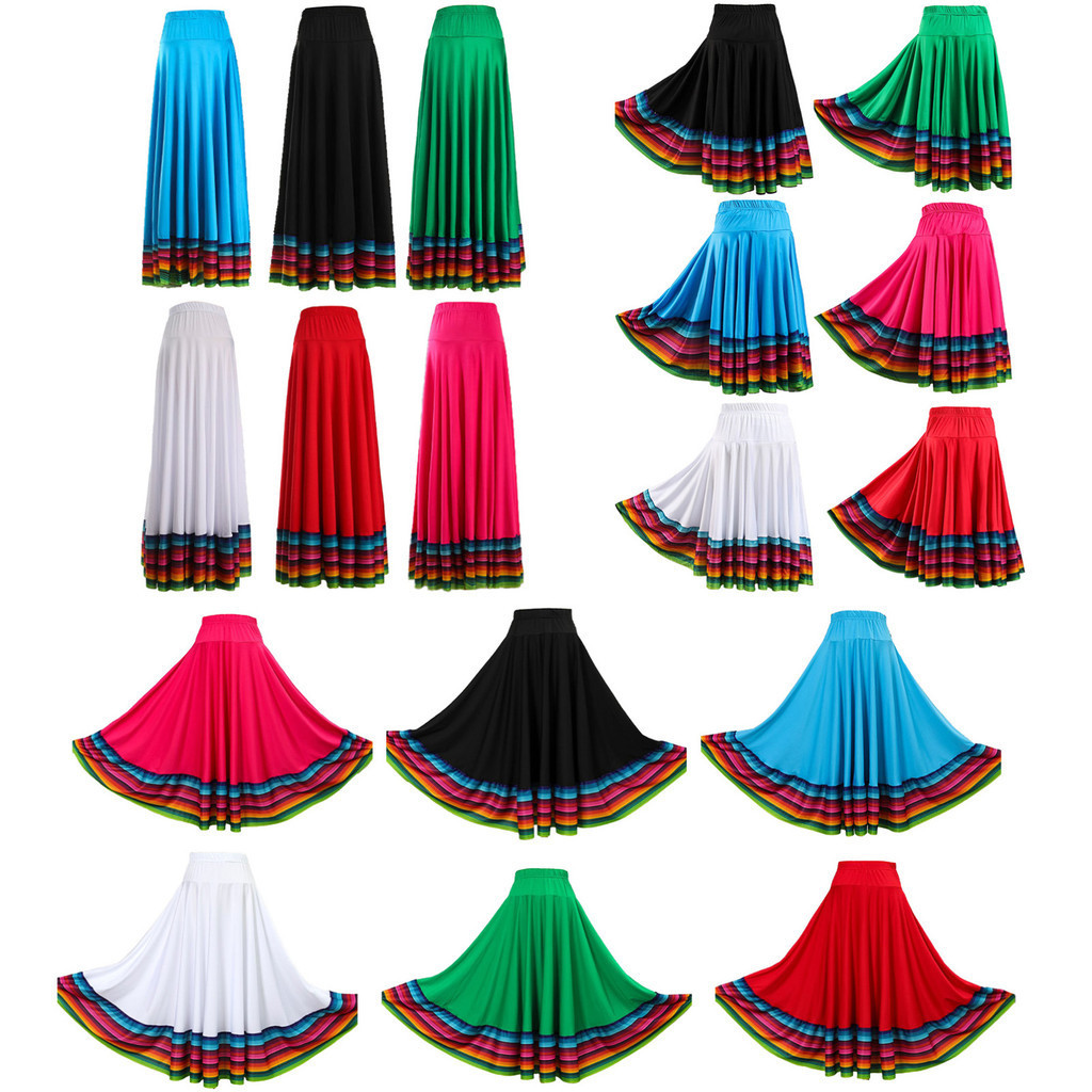 Yeahdor Womens Colourful Stripe Hem กระโปรงเอวยางยืด Flamenco Ballroom Dance พื้นบ้านเต้นรําการแสดงบนเวทีเครื่องแต่งกาย