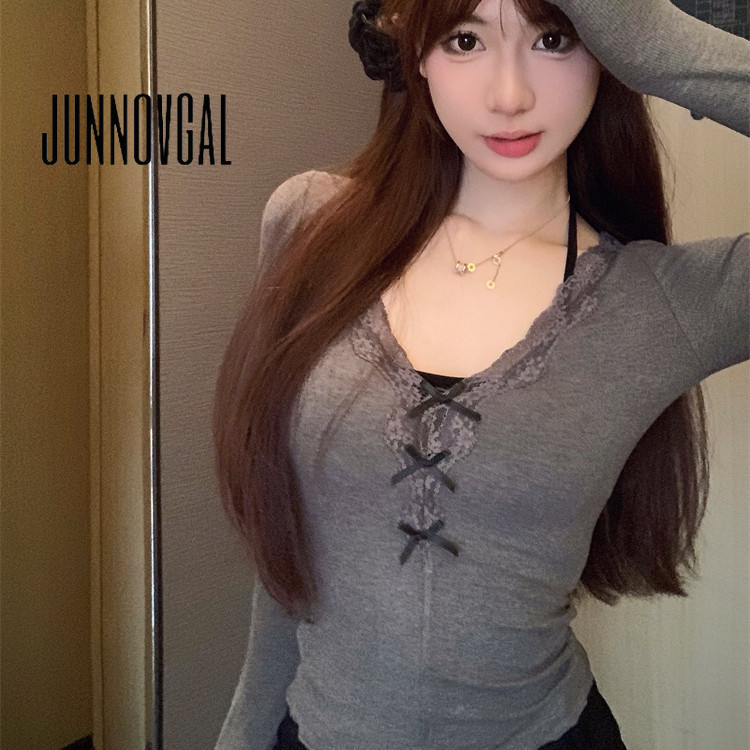 Junnovgal เสื้อยืดลําลอง แขนยาว คอวี ผ้าถัก เข้ารูป ปักลายลูกไม้ สีพื้น สําหรับสตรี 2024