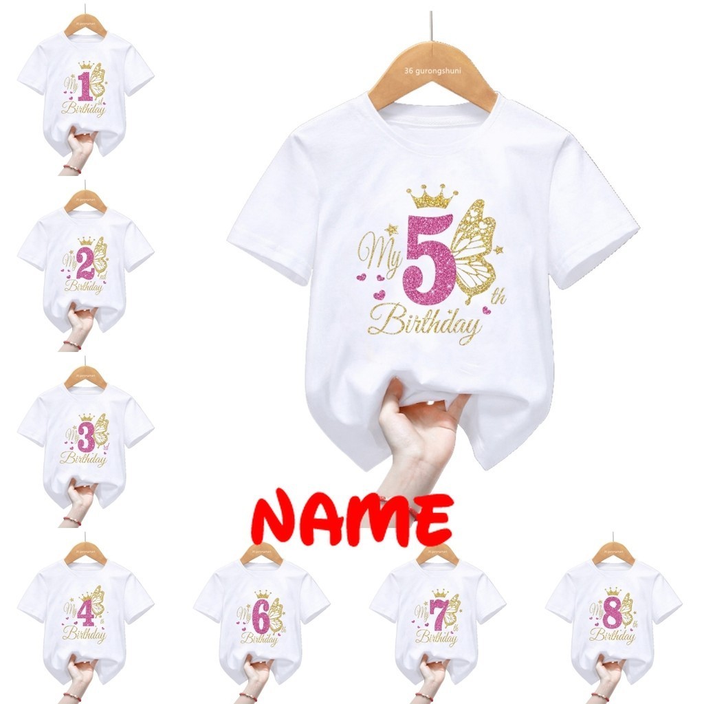 ตลกของฉัน 1-9th Happy Birthday Princess Golden Butterfly Theme เสื้อยืดเด็กทารกเสื้อผ้าเด็กแขนสั้น Tees Top