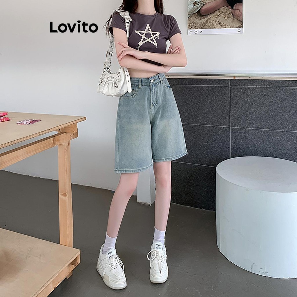 Lovito กางเกงยีนส์ขาสั้นผู้หญิง มีกระดุม สีพื้น สไตล์ลำลอง LNA52257