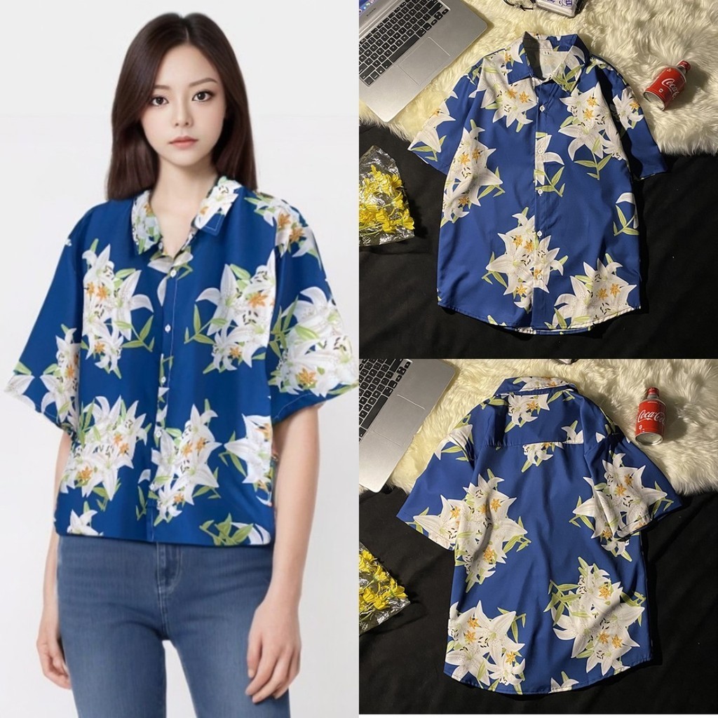 FC พร้อมส่ง เสื้อเชิ้ต แขนสั้น สีน้ำเงินลายดอกลิลลี่ ทรงใหญ่