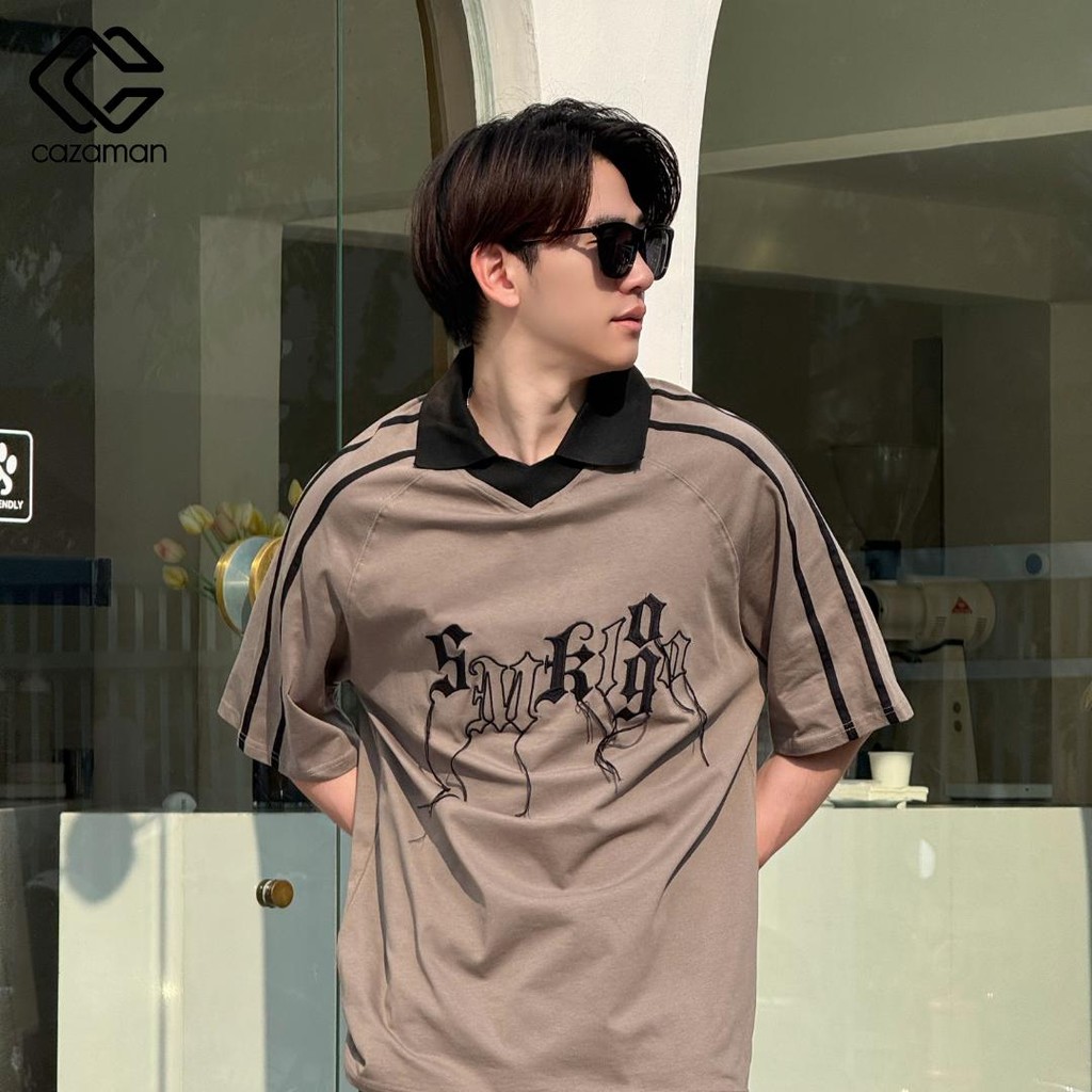 CAZAMAN เสื้อโอเวอร์ไซส์ เสื้อยืดคอกลม สีพื้น​ แขนสั้นสีขาว ทรงโอเวอร์ไซส์ 2174