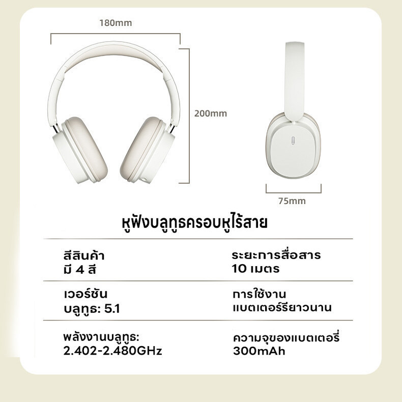 หูฟังบลูทูธครอบหู เก็บแบตในตัว หูฟังบลูทูธไร้สาย บลูทูธ5.3 เสียบแมมได้ ใช้ได้ทั้งคอมและมือถือ เสียงใสเสียง4D ชาร์จUSB