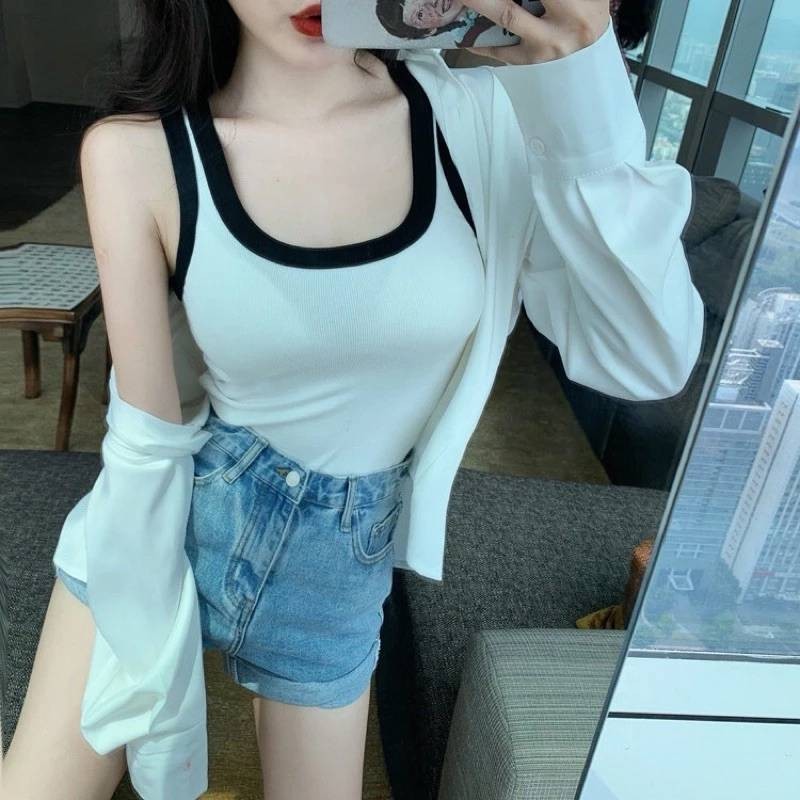 เสื้อกล้ามคอยูสายสี เต็มตัว (ผ้าคอตตอน) เสื้อกล้ามตัดสี ตัวยาว ผ้าคัตตอน ผ้านิ่มใส่สบาย