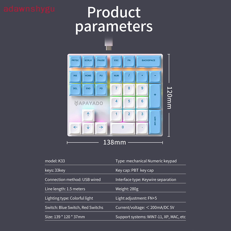 Adagu คีย์บอร์ดตัวเลข 33 คีย์ พร้อมเพลาไฟ หลากสี อุปกรณ์เสริม สําหรับแล็ปท็อป